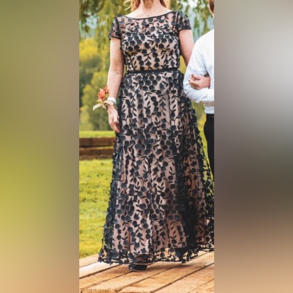 BHLDN Anthro Xscape Nepenthe nude gown, black mesh, embroidery, floral appliqué.